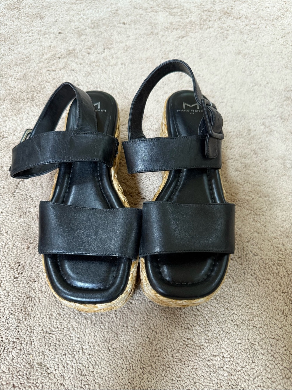 Marc Fisher Black Leather Espadrille Sandal Wedge with Braided Sole